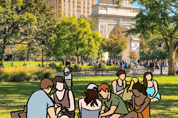 People sat around at a park - photo and sketch together