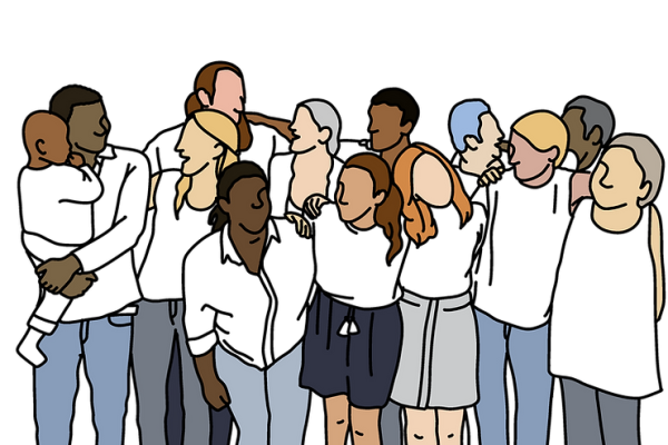Illustration of a diverse group of people standing closely together, symbolising unity, support, and strong neighbourhood networks in building community resilience across London.